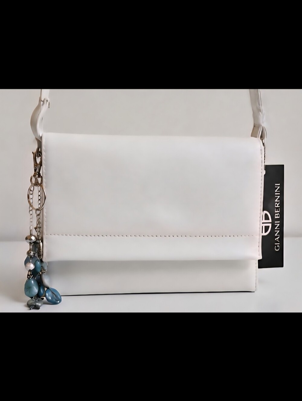 Giani Bernini White Leather Bag with Blue Bead Charm NWT